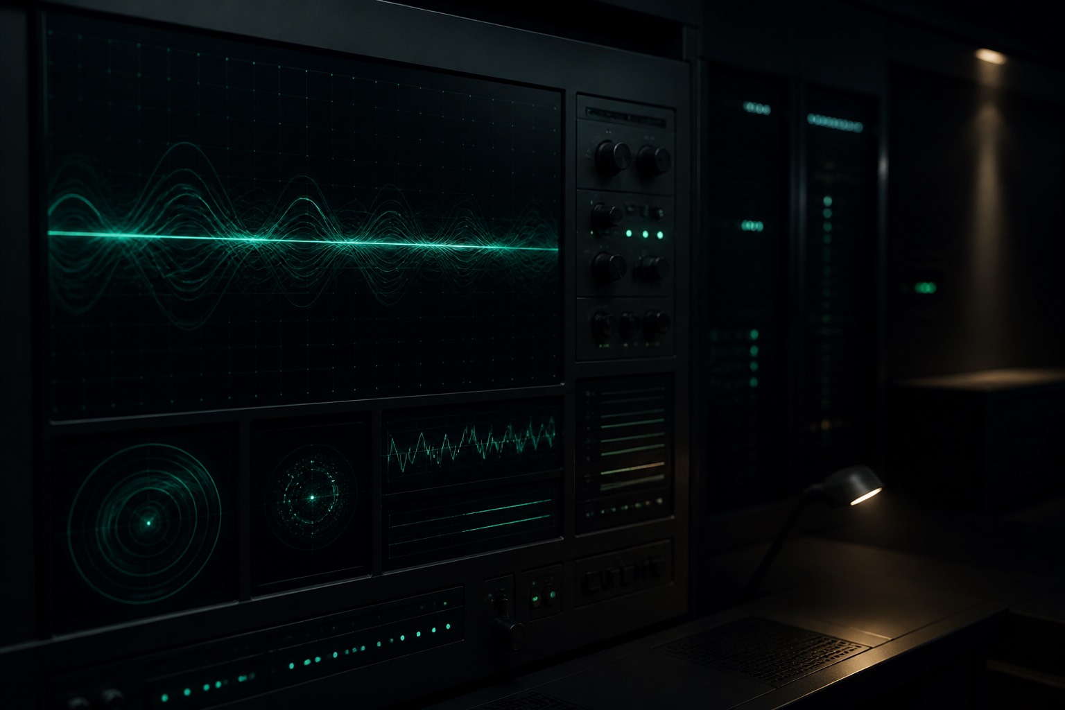 Dark telemetry signal board with teal waveform glow